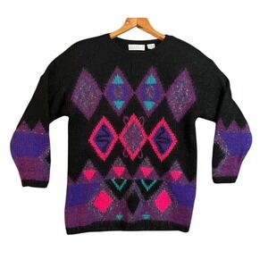 Vtg SECRETS SUN PRINTS Black Argyle Diamond Knit Sweater M Wool Blend